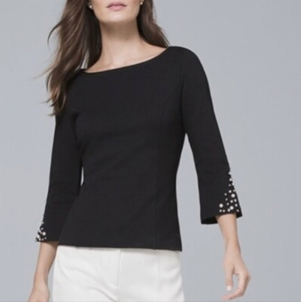 WHBM Pearl Rhinestone Trim Knit Top